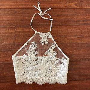 Ivory Lacey Mesh High Neck Crop Top